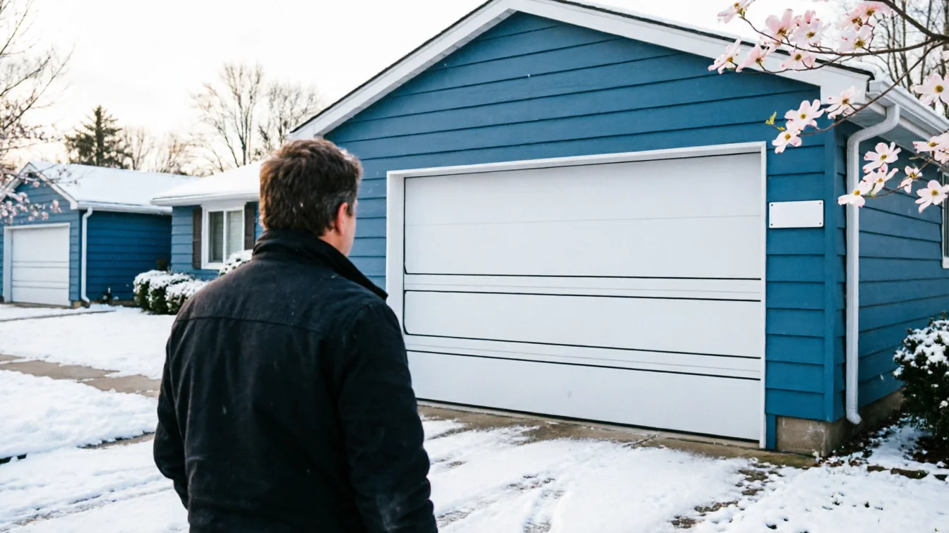A technician stands in a snowy driveway looking at a white garage door on a blue house.