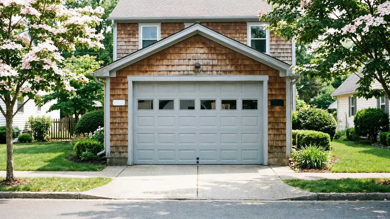 The house has a light gray garage door with windows and cedar shake siding.