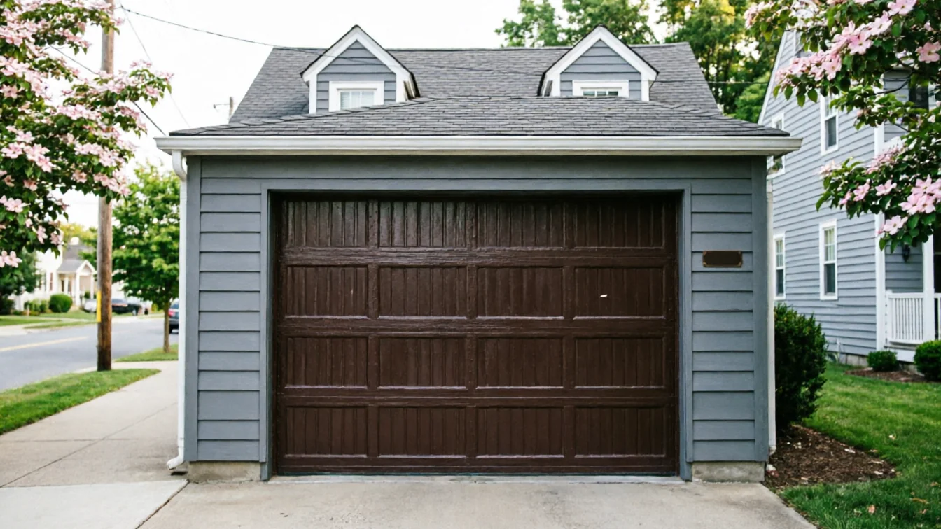 A detached garage with gray siding and a brown paneled garage door.