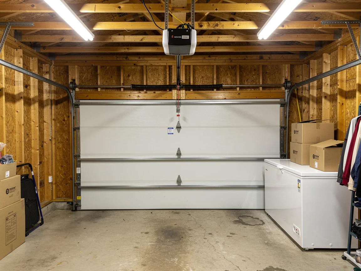 A white garage door is closed in a garage with a garage door opener.