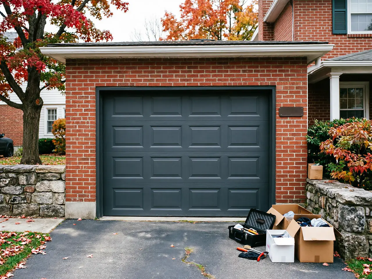 A dark gray garage door is set in a red brick house with autumn trees.