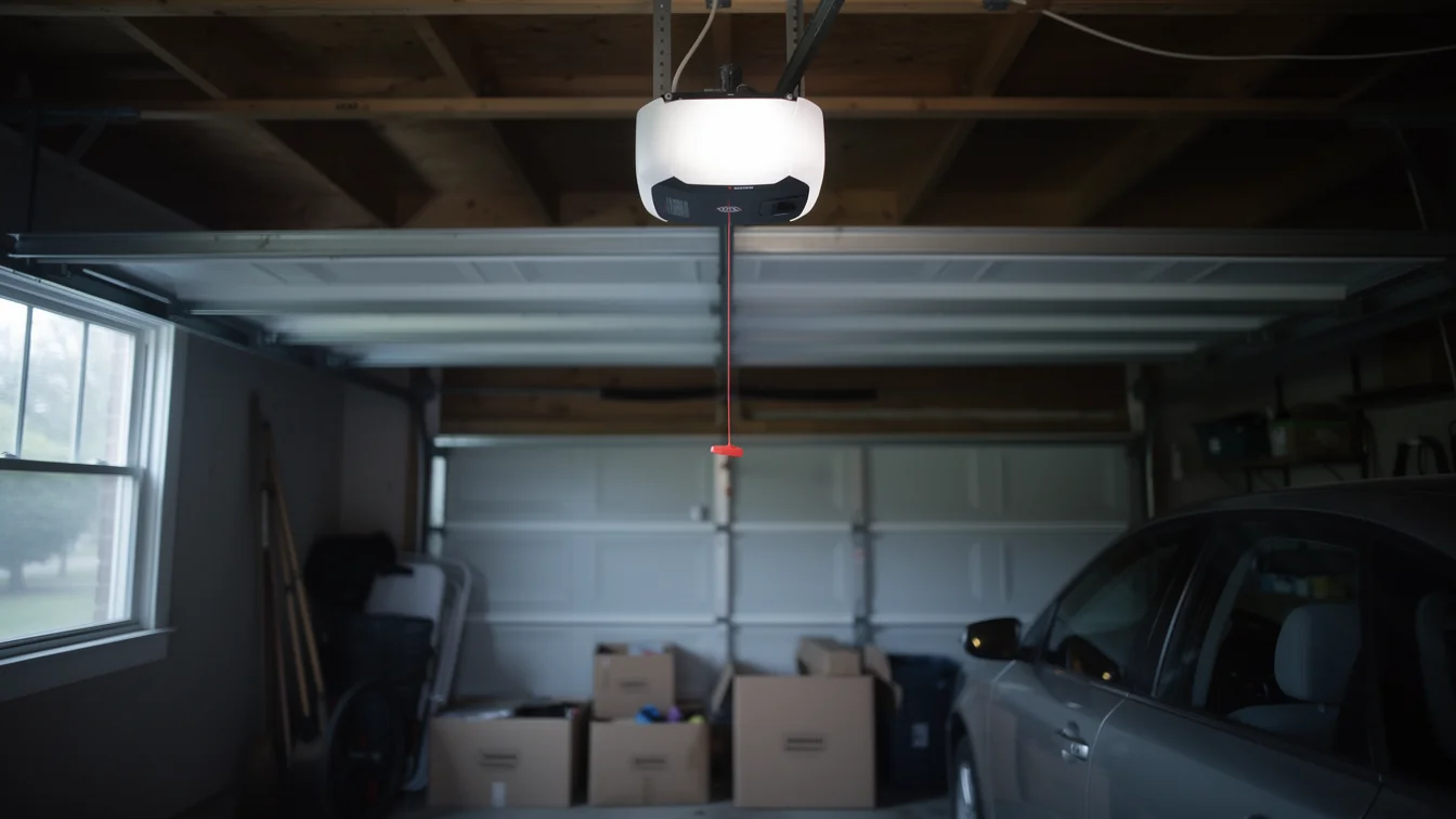 A garage door opener hangs above a partially open garage door and a car.