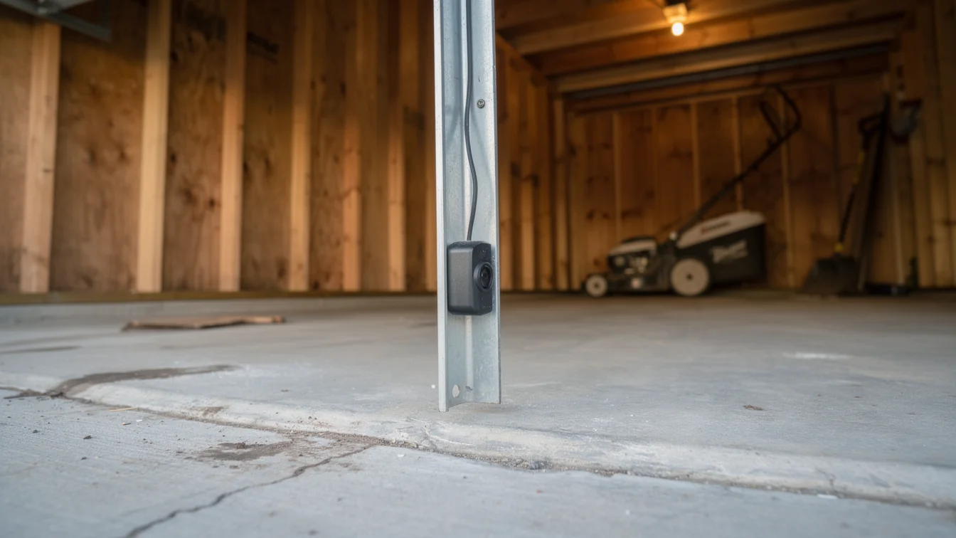 A safety sensor is mounted on a metal track in a garage.