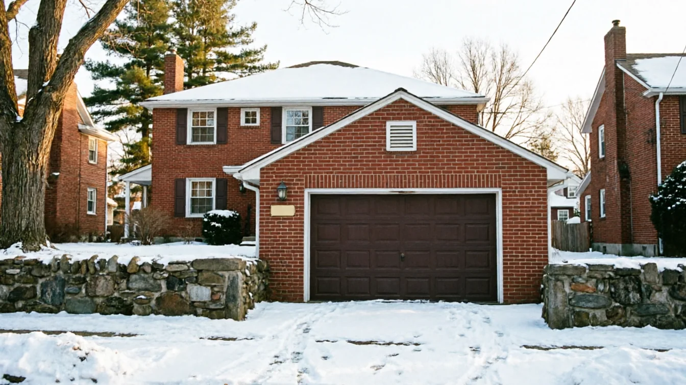A red brick house with a brown garage door is covered in snow.