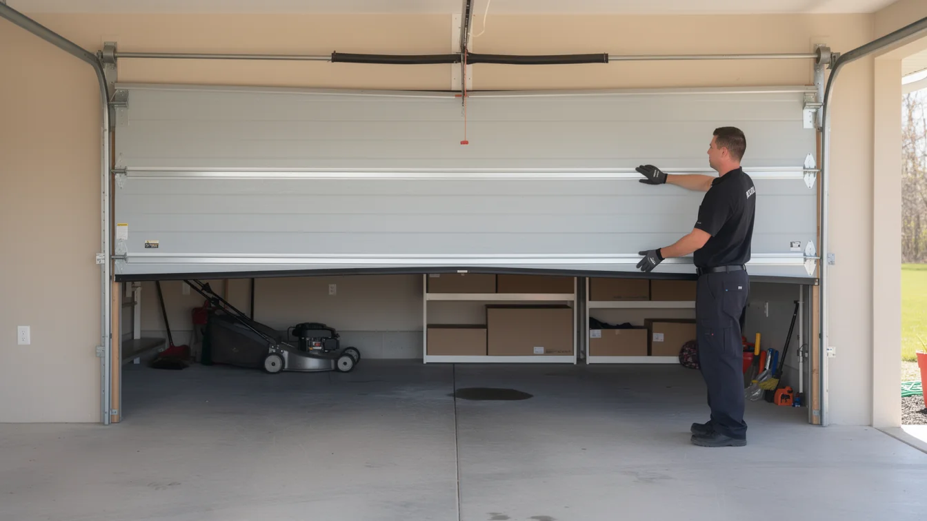 A technician in a black shirt and gloves adjusts a partially open garage door.