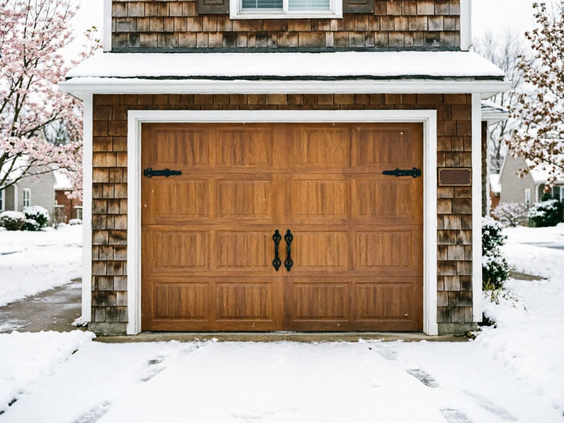 A brown wooden garage door with decorative black hardware is surrounded by snow.